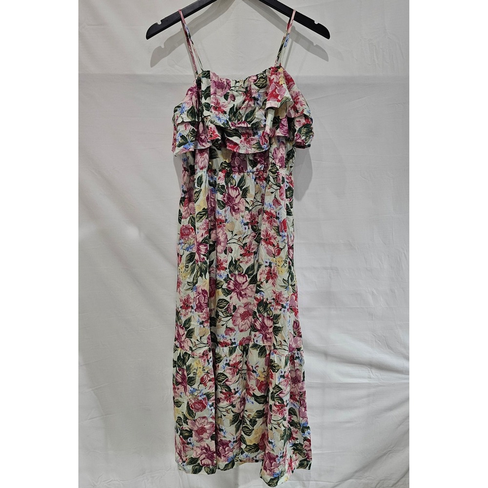 A New Day Floral Ruffle Midi Large Dress Pink Green Pockets Adjustable Straps